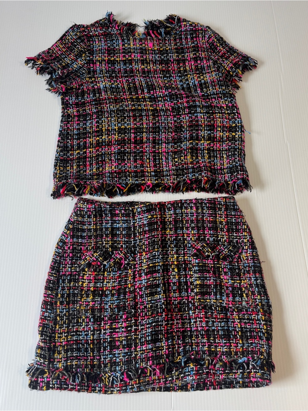 Zara Tweed 2 Piece Skirt Set Multicolor Fringe Chanel Style Preppy Size S